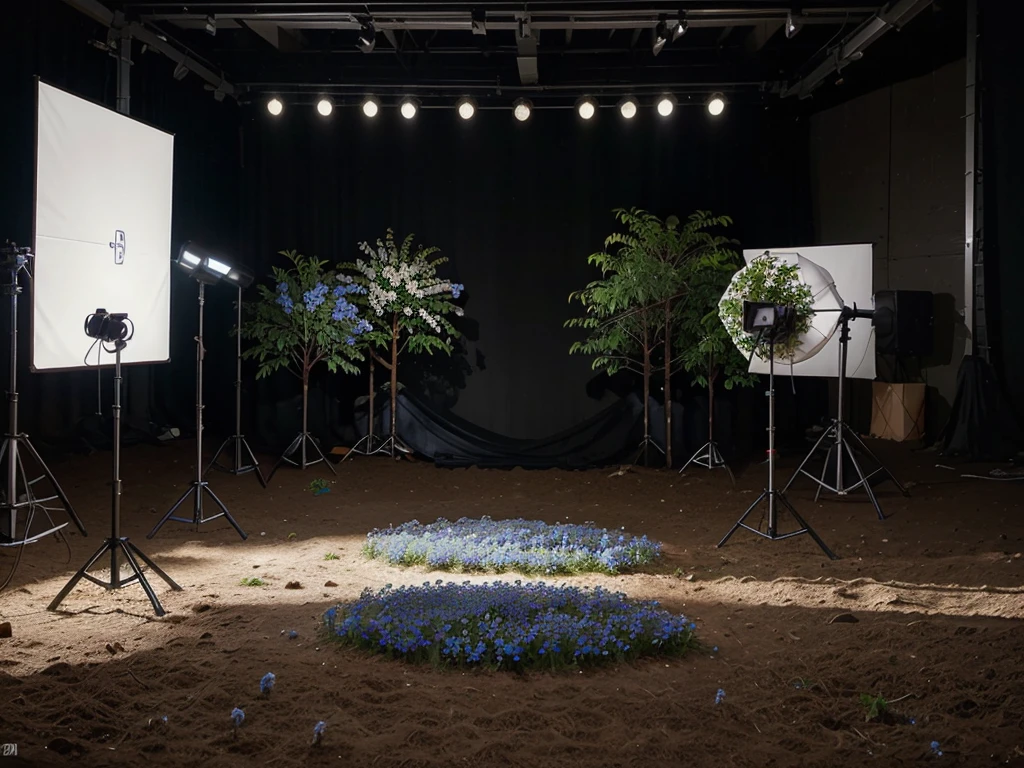 Make a white photographic studio background with a space in the center, in the other places place flora, so that the ground is noticeable, add blue flowers, add vegetation such as tree leaves, flowers, etc., adjust the lighting, so that everything seems to be in the same place at the same time, hyper realistic, with lighting coming from the left side, so that the image is close.