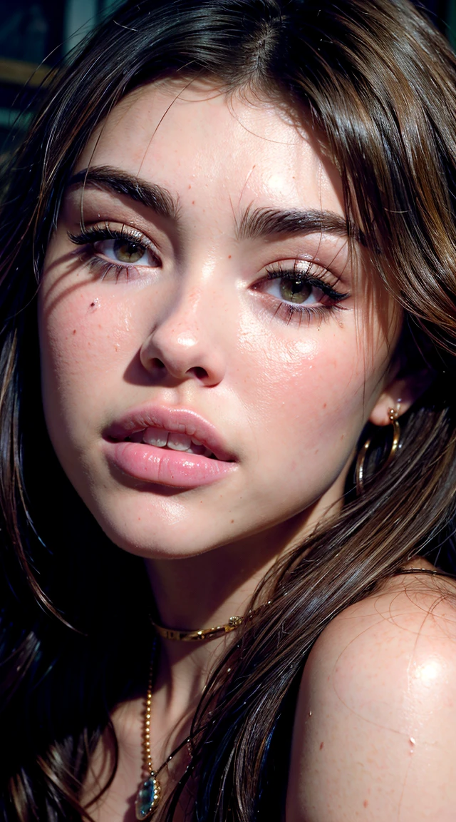 a photograph of (madisonbeer) with ahegao expression, faces usually show abundant sweat- and salivation, the depicted girl has reddened cheeks, (soft saturation:1.2), analog film photography, highly detailed, photorealistic, 8k, realistic skin texture, detailed facial features, beautiful detailed eyes, beautiful detailed lips, extremely detailed eyes and face, long eyelashes, intricate hairstyle, choker necklace, glossy skin, radiant lighting, moody atmosphere, cinematic composition, dreamy color palette, warm lighting, ((seductive pose)), (dynamic angle), (fashion shoot, dark bedroom). (award-winning photograph), (best quality), photography by (Mario Testino:1.3), HDR, RAW photo, depth of field, ((cold light, deep contrast, volumetric lighting, dramatic shadows)), sharp focus on subject,
