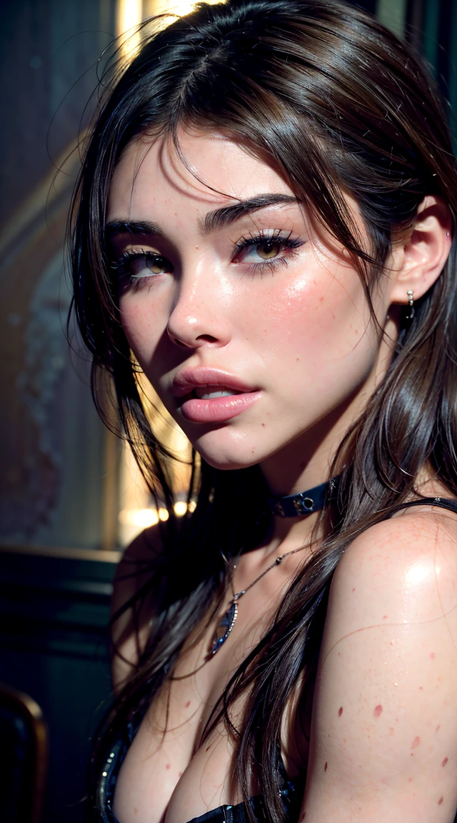 a photograph of (madisonbeer) with ahegao expression, faces usually show abundant sweat- and salivation, the depicted girl has reddened cheeks, (soft saturation:1.2), analog film photography, highly detailed, photorealistic, 8k, realistic skin texture, detailed facial features, beautiful detailed eyes, beautiful detailed lips, extremely detailed eyes and face, long eyelashes, intricate hairstyle, choker necklace, glossy skin, radiant lighting, moody atmosphere, cinematic composition, dreamy color palette, warm lighting, ((seductive pose)), (dynamic angle), (fashion shoot, dark bedroom). (award-winning photograph), (best quality), photography by (Mario Testino:1.3), HDR, RAW photo, depth of field, ((cold light, deep contrast, volumetric lighting, dramatic shadows)), sharp focus on subject,
