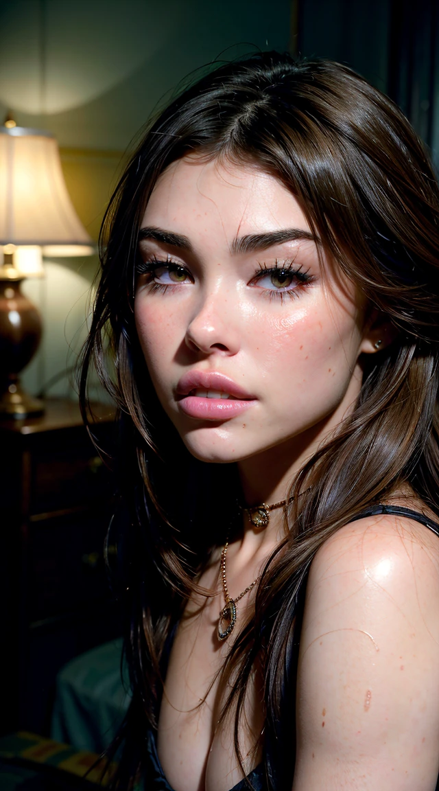 a photograph of (madisonbeer) with ahegao expression, faces usually show abundant sweat- and salivation, the depicted girl has reddened cheeks, (soft saturation:1.2), analog film photography, highly detailed, photorealistic, 8k, realistic skin texture, detailed facial features, beautiful detailed eyes, beautiful detailed lips, extremely detailed eyes and face, long eyelashes, intricate hairstyle, choker necklace, glossy skin, radiant lighting, moody atmosphere, cinematic composition, dreamy color palette, warm lighting, ((seductive pose)), (dynamic angle), (fashion shoot, dark bedroom). (award-winning photograph), (best quality), photography by (Mario Testino:1.3), HDR, RAW photo, depth of field, ((cold light, deep contrast, volumetric lighting, dramatic shadows)), sharp focus on subject,