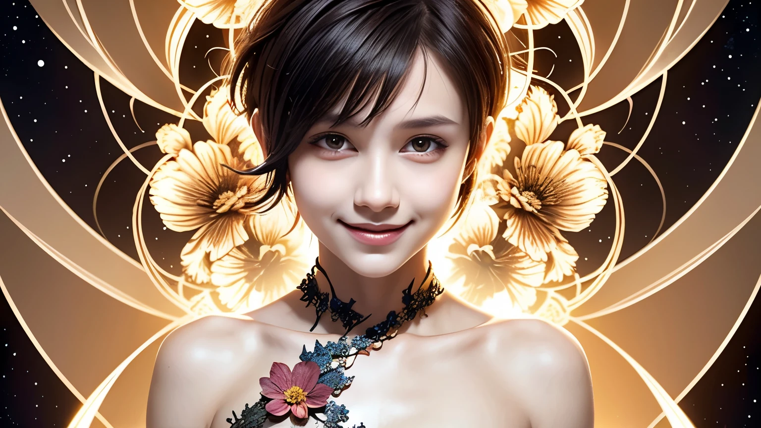 257 20-year-old female, (short hair),(Abstract background,Fractal Art), smile, flower