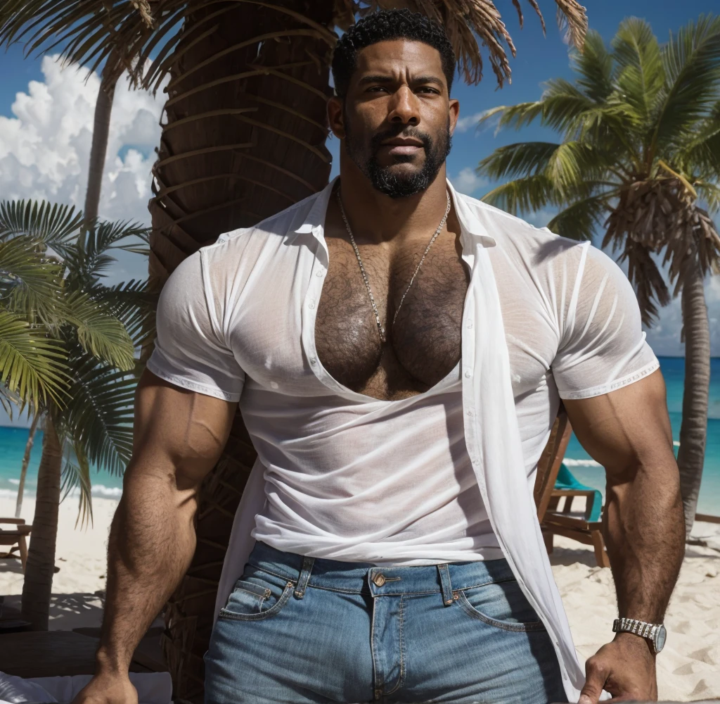 A muscular black man on vacation, realistic photo, hairy body, alpha male, (forty year old), huge biceps, ripped abs, shaggy black hair, jeans, unbuttoned white t-shirt with abs showing, caribbean sunny morning, white sand beach, smirking, 4k, high detailed, beautiful, art by Stanley artgerm, by Daniel f gerhartz, by pino daeni, highly detailed, sharp focus.