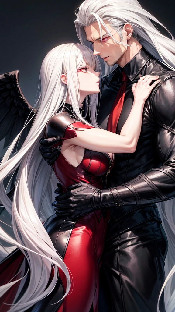 Draw me anime of a mature woman with long white hair,she had a red eye,beside her there was a muscular man with short hair colour black,and black wings behind him. They're hugged each other, background aesthetic behind them,(masterpiece, top quality, best quality, official art, beautiful and aesthetic:1.2), extreme detailed, (fractal art), (black and white:1.5), (a girl embracing a shadow man in all black:1.5), (embracing), (tragic), large angel wings, dynamic angel, long hair flowing, occult, (oil painting), gloomy, holy, black background, side view, white hair