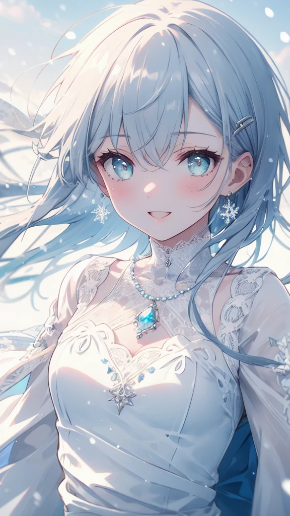 (8K, best quality, master piece: 1.3),super high resolution,1 girl, solo, full body ,ultra-detailed face, silme, ash hair, thin hair clip, cyan colorshift eyes, expressive eyes, Ecstatic expression, Vintage dress, cotton, lace, pale blue, cream, lace gloves, pearl necklace, Winter snow scene, white, blue, silver, bright but cold
