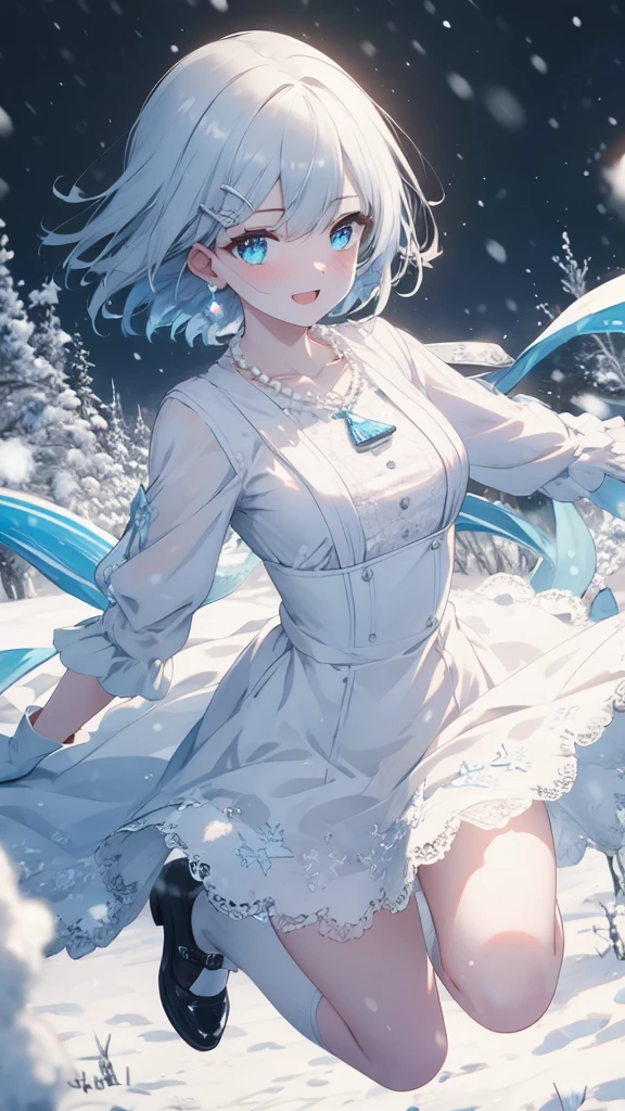 (8K, best quality, master piece: 1.3),super high resolution,1 girl, solo, full body ,ultra-detailed face, silme, ash hair, thin hair clip, cyan colorshift eyes, expressive eyes, Ecstatic expression, Vintage dress, cotton, lace, pale blue, cream, lace gloves, pearl necklace, Winter snow scene, white, blue, silver, bright but cold