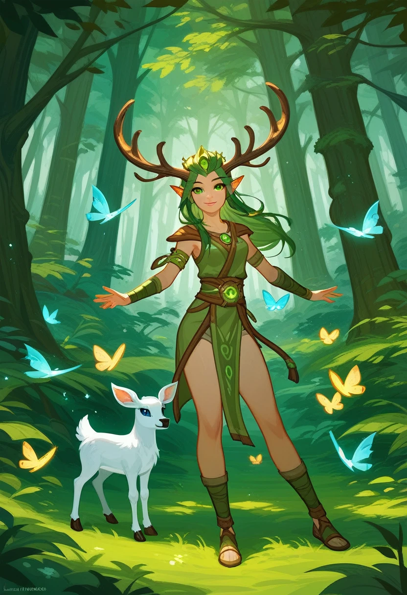 (Fraction_9,Fraction_8_Direction_7_up),1 a woman,（（（Full body portrait）））,Lilia，Deer Man，cute，，cute面容，beauty，Sexy，Druid, Druid, female Druid, nature Druid, world of warcraft elven Druid, Cernunnos, alluring tiefling Druid, Fantasy concept art, Druid warrior, martial artist dryad, Hearthstone concept art, Forest tree spirit, a Druid, Female Troll Shaman, Druid goddess