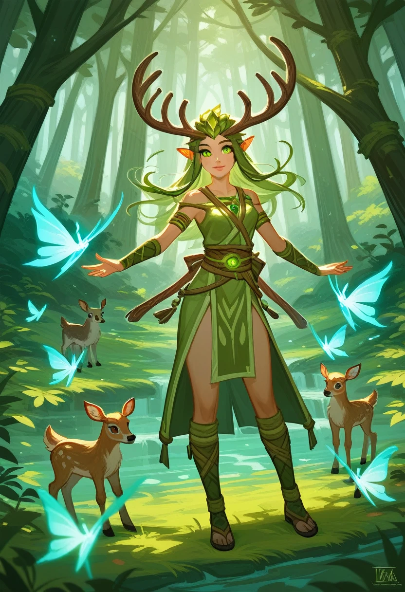 (Fraction_9,Fraction_8_Direction_7_up),1 a woman,(((Full body portrait))),Lilia,Deer Man,cute,,cute面容,beauty,Sexy,Druid, Druid, female Druid, nature Druid, world of warcraft elven Druid, Cernunnos, alluring tiefling Druid, Fantasy concept art, Druid warrior, martial artist dryad, Hearthstone concept art, Forest tree spirit, a Druid, Female Troll Shaman, Druid goddess