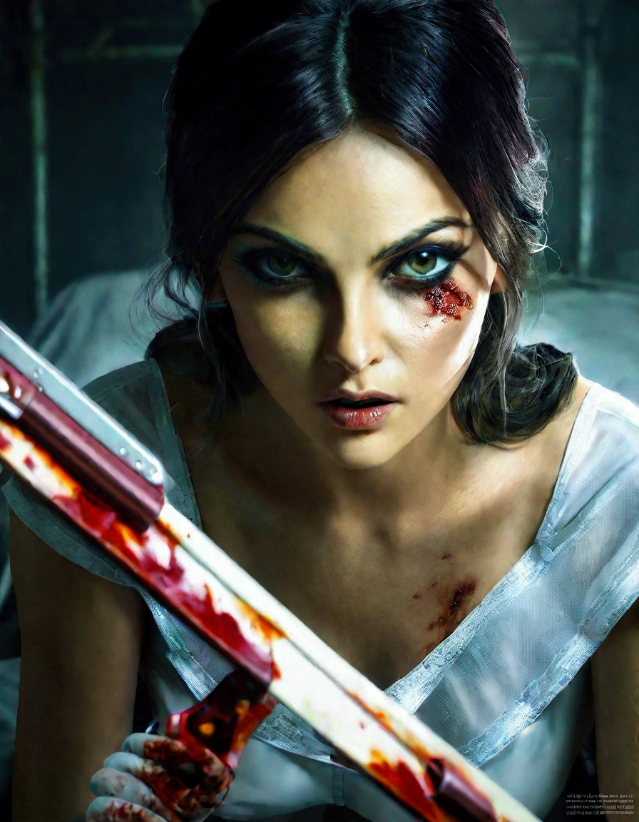 Mila Kunis,25 years old,beautiful detailed eyes,beautiful detailed lips,extremely detailed eyes and face,longeyelashes,sultry pose,dirty dangerous sexy nurse lingerie,holding up a bone saw,horror,blood spatter,hospital room,oil painting,chiaroscuro lighting,dark moody colors,cinematic composition,hyper realistic,8k,masterpiece,unreal engine,dramatic lighting
