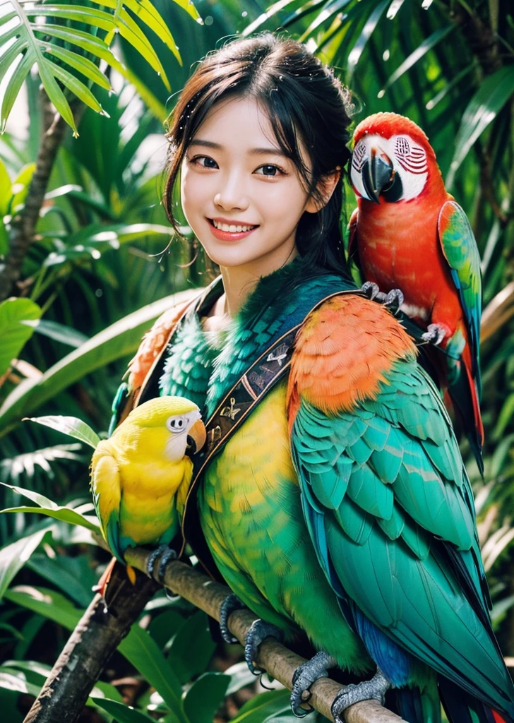 Diffuse lighting、 Highest quality, High resolution, unity 8k wallpaper、Supersaturation, Colorful, 8k resolution, 1 female、Japanese、23 years old、Close-up portrait、Adorable, smile、looks fun、tropical rain forest,Playing with colorful parrots、Surrounded by cute birds、Parrot on your shoulder、 High resolution, Cowboy Shot