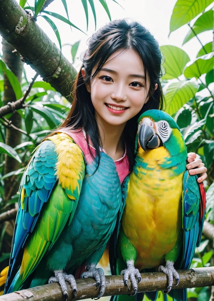 Diffuse lighting、 Highest quality, High resolution, unity 8k wallpaper、Supersaturation, Colorful, 8k resolution, 1 female、Japanese、23 years old、Close-up portrait、Adorable, smile、looks fun、tropical rain forest,Playing with colorful parrots、Surrounded by cute birds、Parrot on your shoulder、 High resolution, Cowboy Shot
