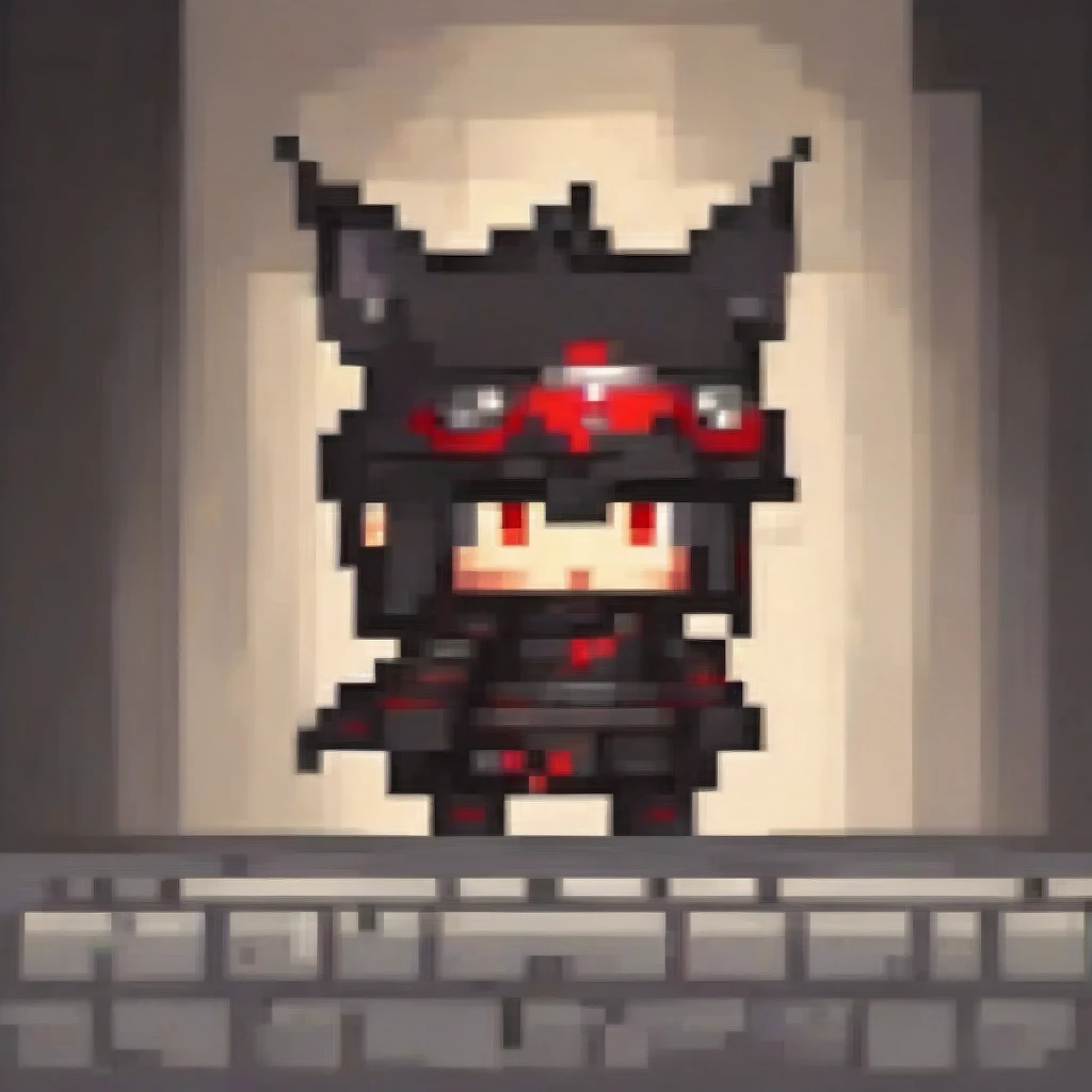 A chibi male character in sleek black and red ninja armor from a stealth fantasy anime, holding a pair of glowing kunai. He has wolf ears and a tail, glowing silver eyes, and curved oni horns. The kunai emit a dark shadow effect, and he is in a dynamic crouching pose. The scene features cinematic lighting and moody colors, in a digital art, concept art style.