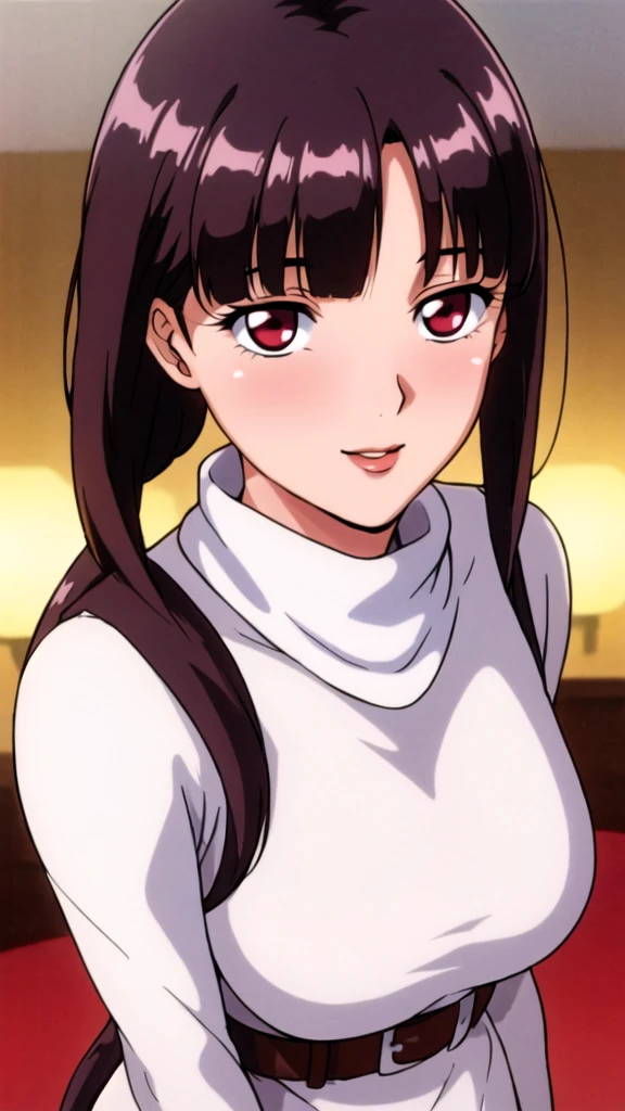 white turtleneck, black pencil shirt,black long skirt,white belt,hair ornament, hair scrunchie,low ponytail,
long hair,bangs, brunette, black hair, blunt bangs,big red eyes,alone, 1 girl,Young female, 18 years old, very cute, smile, Beautiful Finger,Beautiful long legs,Beautiful body,Beautiful Nose,Beautiful character design, perfect eyes, perfect face,expressive eyes, looking at viewer, in the center of the image,(light smile:0.5), official art, indoor, portrait, perfect lighting,Colorful, Bright_Front_face_Lighting,shiny skin, (masterpiece:1.0),(best quality:1.0), ultra high res,4K,ultra-detailed, photography, 8K, HDR, highres, absurdres:1.2, Kodak portra 400, film grain, blurry background, bokeh:1.2, lens flare, (vibrant_color:1.2), (beautiful face), (curvy body), ashamed, blushing, glossy red lips, glossy red rouge, jealousy, SFW, seductive, charming,