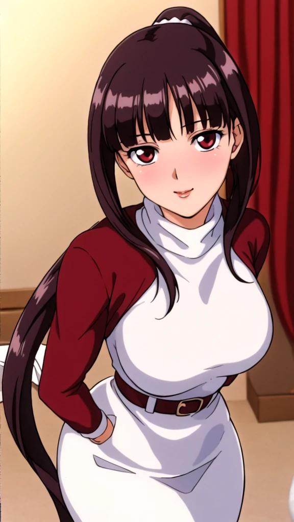 white turtleneck, black pencil shirt,black long skirt,white belt,hair ornament, hair scrunchie,low ponytail,
long hair,bangs, brunette, black hair, blunt bangs,big red eyes,alone, 1 girl,Young female, 18 years old, very cute, smile, Beautiful Finger,Beautiful long legs,Beautiful body,Beautiful Nose,Beautiful character design, perfect eyes, perfect face,expressive eyes, looking at viewer, in the center of the image,(light smile:0.5), official art, indoor, portrait, perfect lighting,Colorful, Bright_Front_face_Lighting,shiny skin, (masterpiece:1.0),(best quality:1.0), ultra high res,4K,ultra-detailed, photography, 8K, HDR, highres, absurdres:1.2, Kodak portra 400, film grain, blurry background, bokeh:1.2, lens flare, (vibrant_color:1.2), (beautiful face), (curvy body), ashamed, blushing, glossy red lips, glossy red rouge, jealousy, SFW, seductive, charming,