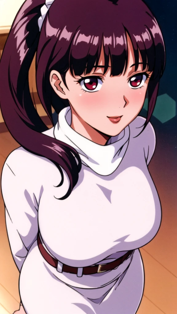 white turtleneck, black pencil shirt,black long skirt,white belt,hair ornament, hair scrunchie,low ponytail,
long hair,bangs, brunette, black hair, blunt bangs,big red eyes,alone, 1 girl,Young female, 18 years old, very cute, smile, Beautiful Finger,Beautiful long legs,Beautiful body,Beautiful Nose,Beautiful character design, perfect eyes, perfect face,expressive eyes, looking at viewer, in the center of the image,(light smile:0.5), official art, indoor, portrait, perfect lighting,Colorful, Bright_Front_face_Lighting,shiny skin, (masterpiece:1.0),(best quality:1.0), ultra high res,4K,ultra-detailed, photography, 8K, HDR, highres, absurdres:1.2, Kodak portra 400, film grain, blurry background, bokeh:1.2, lens flare, (vibrant_color:1.2), (beautiful face), (curvy body), ashamed, blushing, glossy red lips, glossy red rouge, jealousy, SFW, seductive, charming,