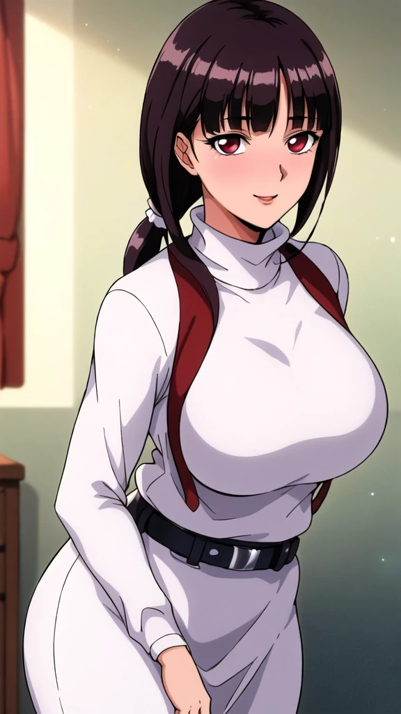 white turtleneck, black pencil shirt,black long skirt,white belt,hair ornament, hair scrunchie,low ponytail,
long hair,bangs, brunette, black hair, blunt bangs,big red eyes,alone, 1 girl,Young female, 18 years old, very cute, smile, Beautiful Finger,Beautiful long legs,Beautiful body,Beautiful Nose,Beautiful character design, perfect eyes, perfect face,expressive eyes, looking at viewer, in the center of the image,(light smile:0.5), official art, indoor, portrait, perfect lighting,Colorful, Bright_Front_face_Lighting,shiny skin, (masterpiece:1.0),(best quality:1.0), ultra high res,4K,ultra-detailed, photography, 8K, HDR, highres, absurdres:1.2, Kodak portra 400, film grain, blurry background, bokeh:1.2, lens flare, (vibrant_color:1.2), (beautiful face), (curvy body), ashamed, blushing, glossy red lips, glossy red rouge, jealousy, SFW, seductive, charming,