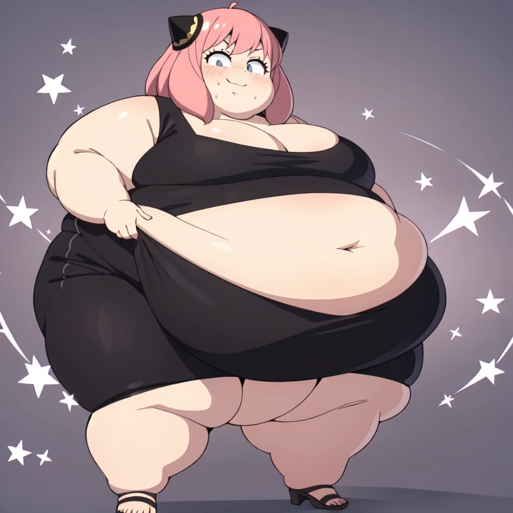 AnyaForgerSF,1female_child,pink hair,cone hair bun,solo, surprised, dress, standing, smile, blush, solo, 1girl, SSBBW anya forger, big cheeks, ssbbw, severely obese, 600lbs obese female, no pupils, ultra detailed, masterpiece, best quality, aesthetic, detailed, Fluffy and Fat Face, Big Butt, Big Cheeks, Obese Body, Sexy, Obese Girl, Happy, Cute Expression, Very Hot, bbwchan, nsfw art, manhwa, oppai proportions, she has a jiggly fat round belly, body swelling about to explode, thicc, with a large breasts, doujin, very thick thighs, obese arms, obese belly, big cheeks, Slob body