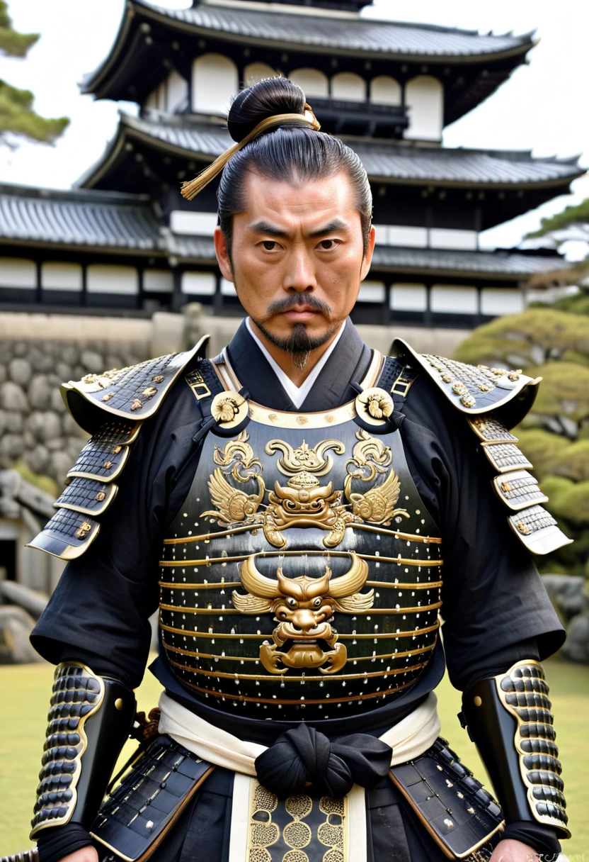 Dressed in traditional samurai armor with intricate designs、Famous Japanese historical figures、Detailed images of Toyotomi Hideyoshi、He has a topknot and a stern expression.、Has an intimidating presence。The background is a traditional Japanese castle、There are many vassals