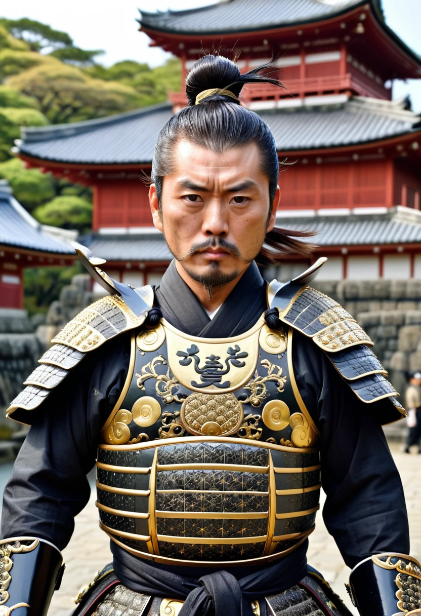 Dressed in traditional samurai armor with intricate designs、Famous Japanese historical figures、Detailed images of Toyotomi Hideyoshi、He has a topknot and a stern expression.、Has an intimidating presence。The background is a traditional Japanese castle、There are many vassals