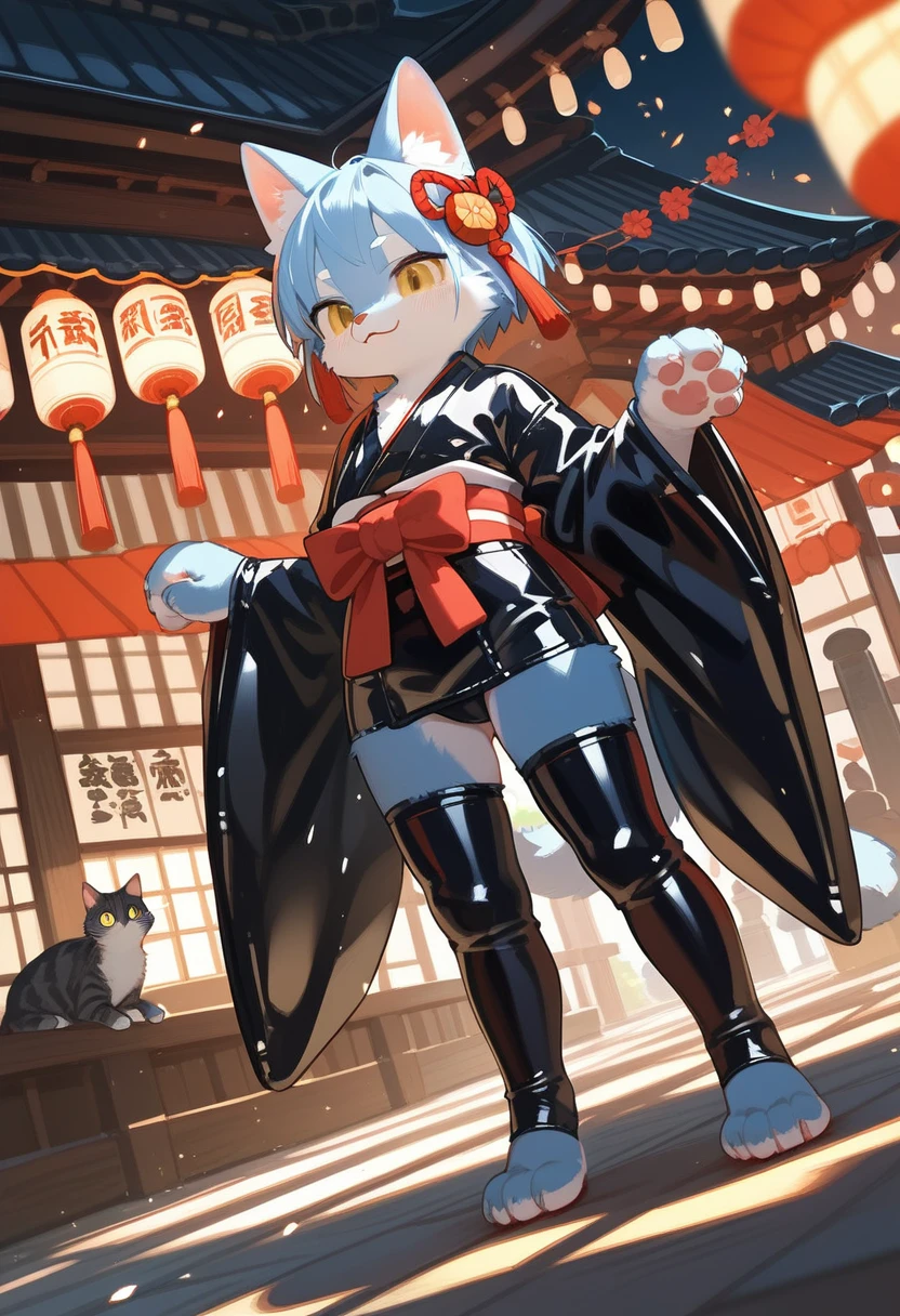Highest quality, Highest quality, High quality illustrations, masterpiece, Ultra-high resolution, Detailed Background, Kyoto, Festivals, Absurd, Perfect Anatomy, performance, Good lighting, Shadows in the movies(kemono, Furry PersonifiCation), Cat, kimono, latex, rubber, Meat ball handle, Dynamic Angle