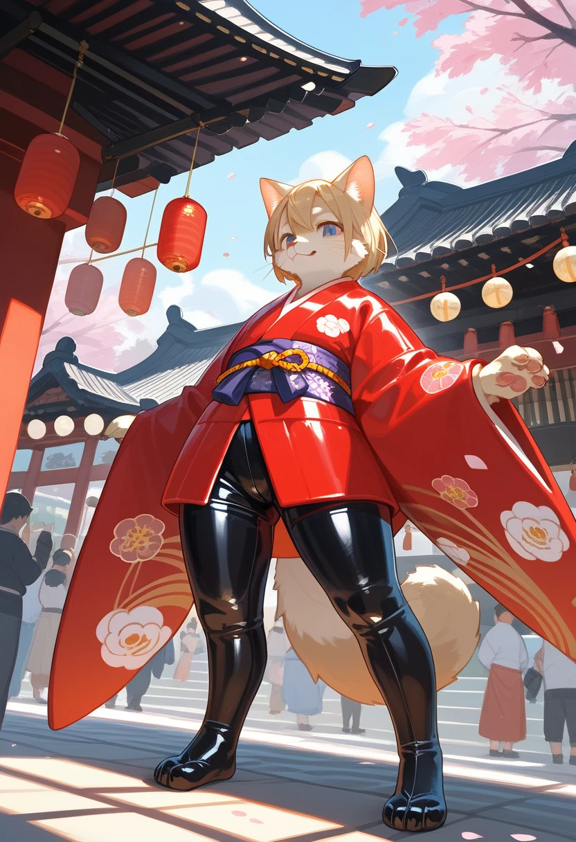 Highest quality, Highest quality, High quality illustrations, masterpiece, Ultra-high resolution, Detailed Background, Kyoto, Festivals, Absurd, Perfect Anatomy, performance, Good lighting, Shadows in the movies(kemono, Furry PersonifiCation), Cat, kimono, latex, rubber, Meat ball handle