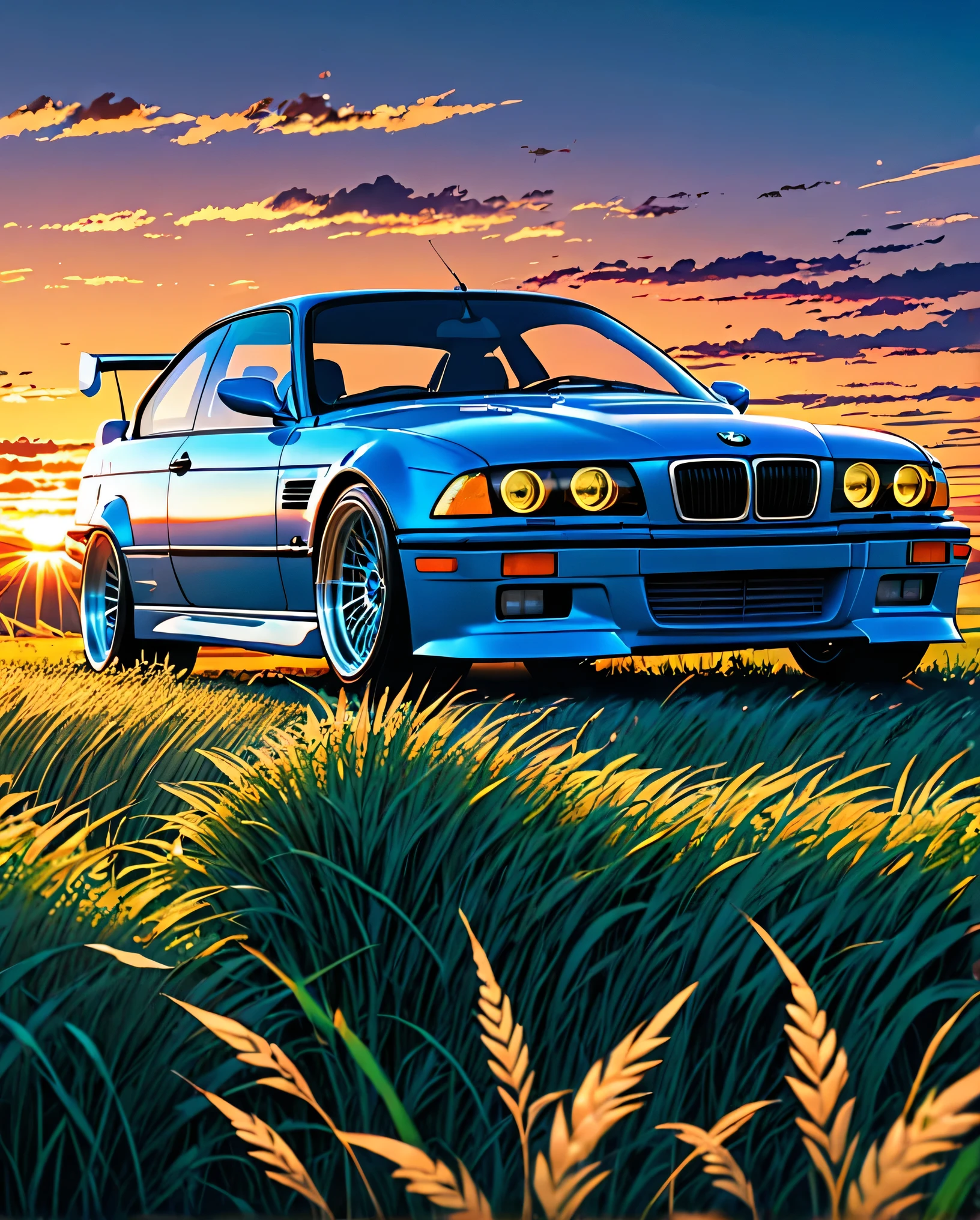 A classic BMW M3 E36 sports car in ABS blue、Anime scenery of a girl sitting in tall grass with a sunset in the background.Beautiful anime scene, Beautiful anime peace scenes, Makoto Shinkai Cyril Rolland, Beautiful anime scene, Awesome Wallpapers, Anime Art Wallpapers 8K, Anime Background, artistic Anime Background, anime wallpaper 4k, Anime Art 4K Wallpaper, Anime Wallpaper Art 4k,