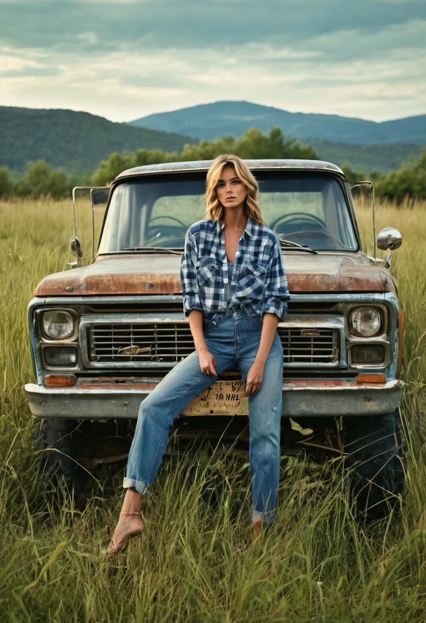 A stunning medium range shot photo by Steven Klein of a young supermodel in flannel shirt and denim pants perched atop an old, weathered blue matte pickup truck. She exudes confidence and grace as she poses barefoot amidst tall wild grass. The rustic fence and quaint farmhouse in the background hint at a serene countryside setting. A majestic mountain row looms in the distance, adding depth and scale to the scene. The overall atmosphere of the photo is natural and serene, capturing the essence of a perfect summer day., photo