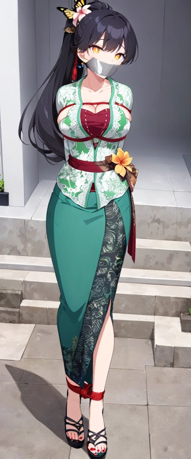 score_9, score_8_up, source_anime, 1girl, solo,The photo features a woman standing in traditional decorations. She is wearing traditional attire consisting of a light green kebaya with lace trim and a long green skirt with batik or butterfly patterns. The woman is also wearing white high-heeled sandals, and there is a frangipani flower tucked behind her left ear. The surrounding environment has ornate decorations, likely from Bali or Java. , (bound wirsts), (arms behind back), (tapegag, tape gag), dramatic,  (looking at viewer), (detailed pupils:1.3),pencil skirt ,red rope, thick rope,big breast,long hair,black hair,ponytail hair, flower ornament in ear 