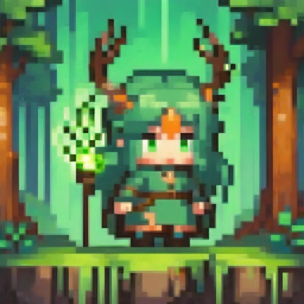 A chibi female character in earthy green and brown nature robes from a forest fantasy, holding a magical staff entwined with vines. She has deer ears and antlers, glowing forest-green eyes, and delicate fawn-like horns. The staff glows with an earth elemental effect, and she is in a dynamic summoning pose. The artwork features cinematic lighting and moody colors, in a digital art, concept art style.