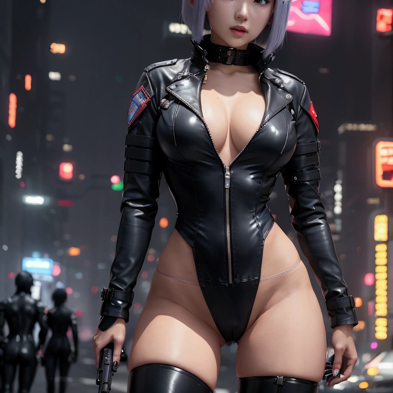 High resolution photo of a woman、Beautiful woman in a bare-chested white leotard、Dark blue bob hair、bangs、stockings、High heel boots、Holds a gun from the future、Black leather jacket、Army Jacket、ghost in the Shell、Motoko Kusanagi、City of the Future、Wear a belt around your waist、Belt with bullets、Future Soldier、