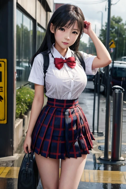 school girl uniform , steam , rain , plaid skirt , pleated skirt , The shirt is tight. , white shirt , school girl , red bow , red knot 