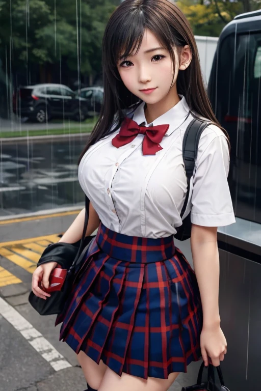 school girl uniform , steam , rain , plaid skirt , pleated skirt , The shirt is tight. , white shirt , school girl , red bow , red knot 