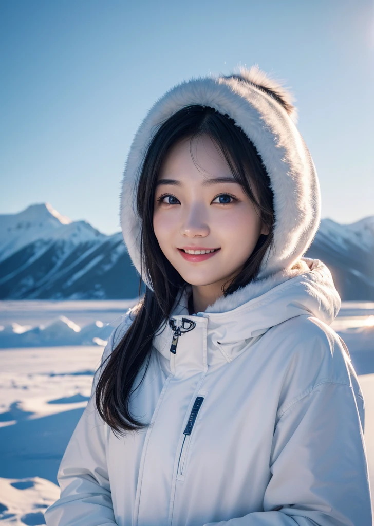 Diffuse lighting、 Highest quality, High resolution, unity 8k wallpaper、Supersaturation, Colorful, 8k resolution, 1 female、Japanese、23 years old、Close-up portrait、Adorable, smile、looks fun、Arctic、Arcticクマに囲まれて、cold、 High resolution, Cowboy Shot