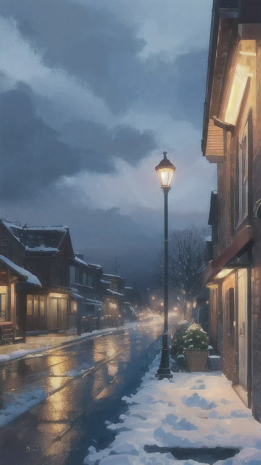 ((best quality)), ((masterpiece)), (detailed), streetlights, soft light, warm, bright, beautiful light, A digital illustration of a dark, stormy night with green droplets falling from the sky and a snowy background, streetlights