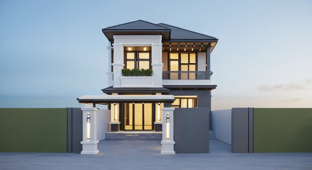 PLATFORM KTHOUSE, 1 modern villa in Vietnam, sloping roof, main materials for building the villa wall color: 1.2 glass panels: 1.1 and stone: 1.2, 1 large yard, 1 path in front of the house, surrounded by flowers and trees tropical, (RAW photo, real, best quality, masterpiece:1.2), modern minimalist look, a road in front of the house, surrounded by tropical flowers and plants, dynamic lighting:1.3, (surreal , real photo: 1.2), high quality, (bright light: 1.2), perfect light, Archdaily, no people , light at 12 noon, light outside the door: 1,2
