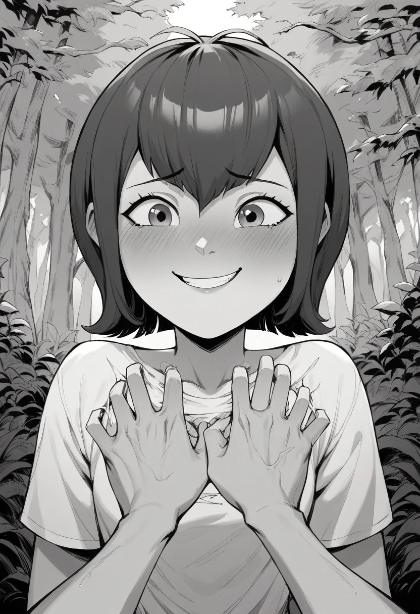 high quality, masterpiece, best quality, tmavis, ((1gir))l, blush, smile, detailed hands, perfect hands, detailed anatomy, MAVIS, RIPPING SHIRT, SEX FACE, BLUSH, ((fOREST AT NIGHT BACKGROUND))