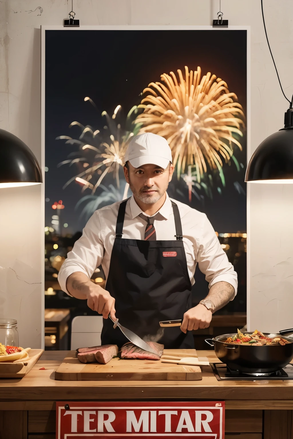 E-commerce poster steak cooking on the table,Fireworks gas knife and fork poster animal,