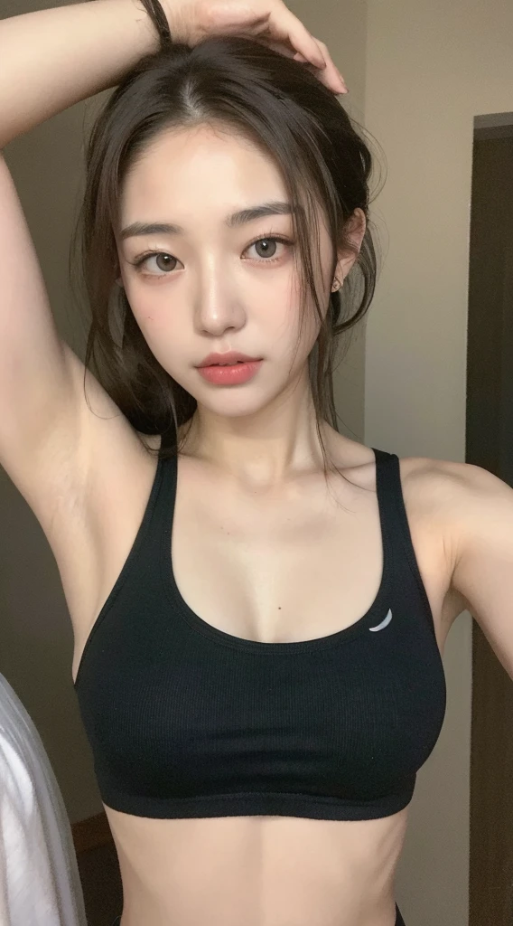 ((Best quality, 8k, Masterpiece :1.3)), 1girl, Pretty woman with emphasizing slender abs :1.3, (random hairstyles :1.2), Oversized tank top :1.2, Ultra-detailed face, Detailed eyes, Double eyelid, armpit