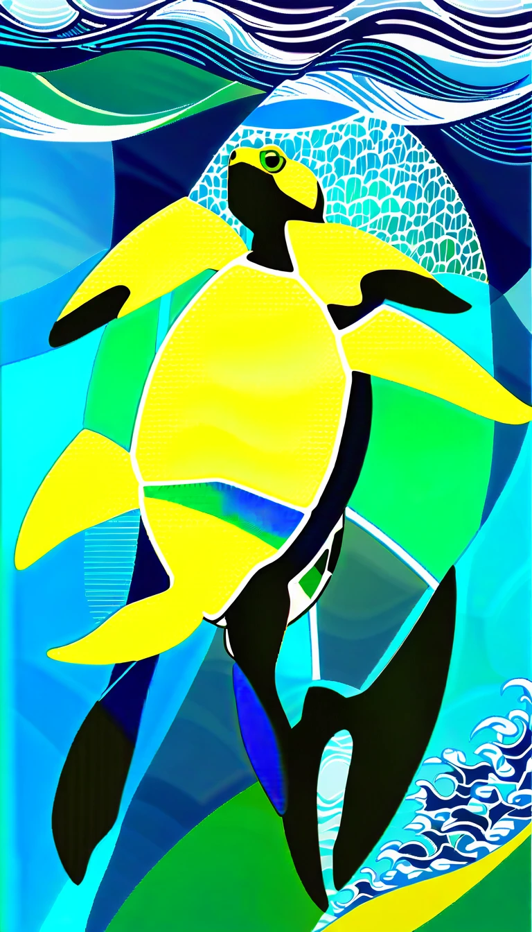 A wide illustration of a flag for a marine protection campaign, featuring a sea turtle, using shades of green, yellow, blue, and white. The sea turtle is in a calm pose, top-down view, in front of a simple ocean background with gentle waves and faint light rays. Bright sunlight filters through the water. Created Using: digital art, high resolution, marine conservation theme, environmental awareness, minimalistic design, clean background, limited color palette, wide aspect ratio, 16:9