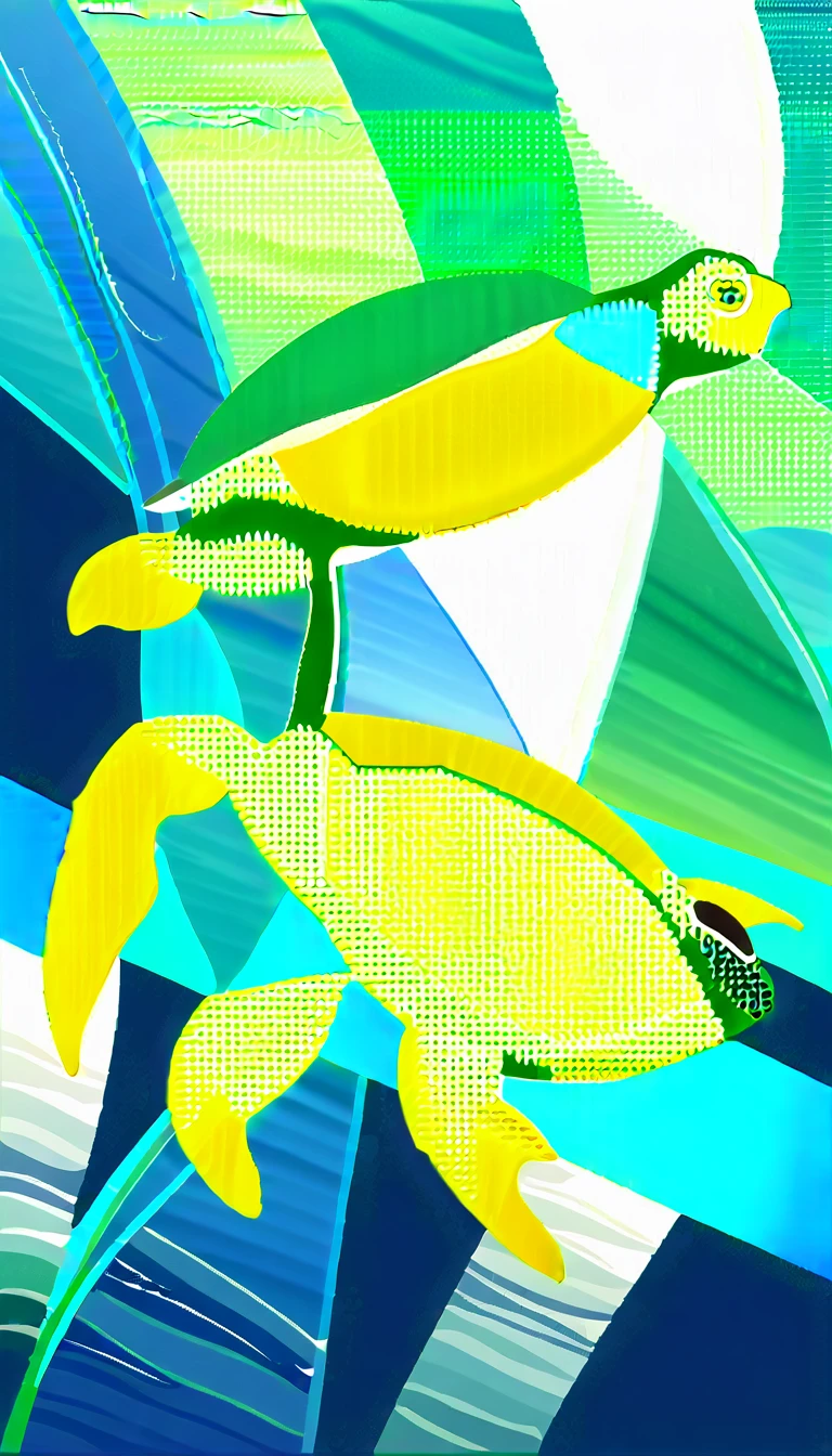 A wide illustration of a flag for a marine protection campaign, featuring a sea turtle, using shades of green, yellow, blue, and white. The sea turtle is in a calm pose, top-down view, in front of a simple ocean background with gentle waves and faint light rays. Bright sunlight filters through the water. Created Using: digital art, high resolution, marine conservation theme, environmental awareness, minimalistic design, clean background, limited color palette, wide aspect ratio, 16:9