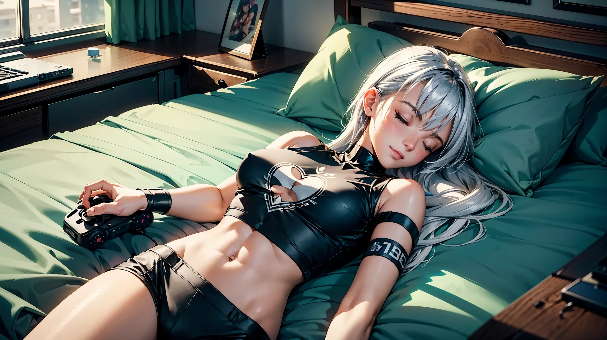 Create a top-quality image of an 18-year-old girl with a heart tattoo on her right shoulder. She has long silverish hair, wearing a super short black crop top and just panties, highlighting her slender figure and bust of 85. The girl is laying down on her bed, head resting on a pillow, peacefully asleep with both eyes closed and a gentle smile, as if she is exhausted and knocked out. She is adorned with, a black wristband. The perspective is top-down, looking at her asleep in bed. The open, well-lit bedroom is filled with gaming equipment, including a gaming PC, gaming desk, gaming chair, and gaming console. The image should exhibit high-quality visual artistry, with intricate details.