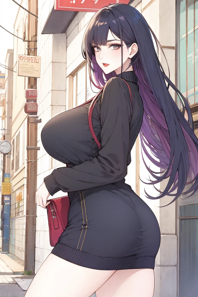 (masterpiece, best quality:1.2), 1 Girl, Solitary,Mature_Miss,Black long hair, sweater,on the street