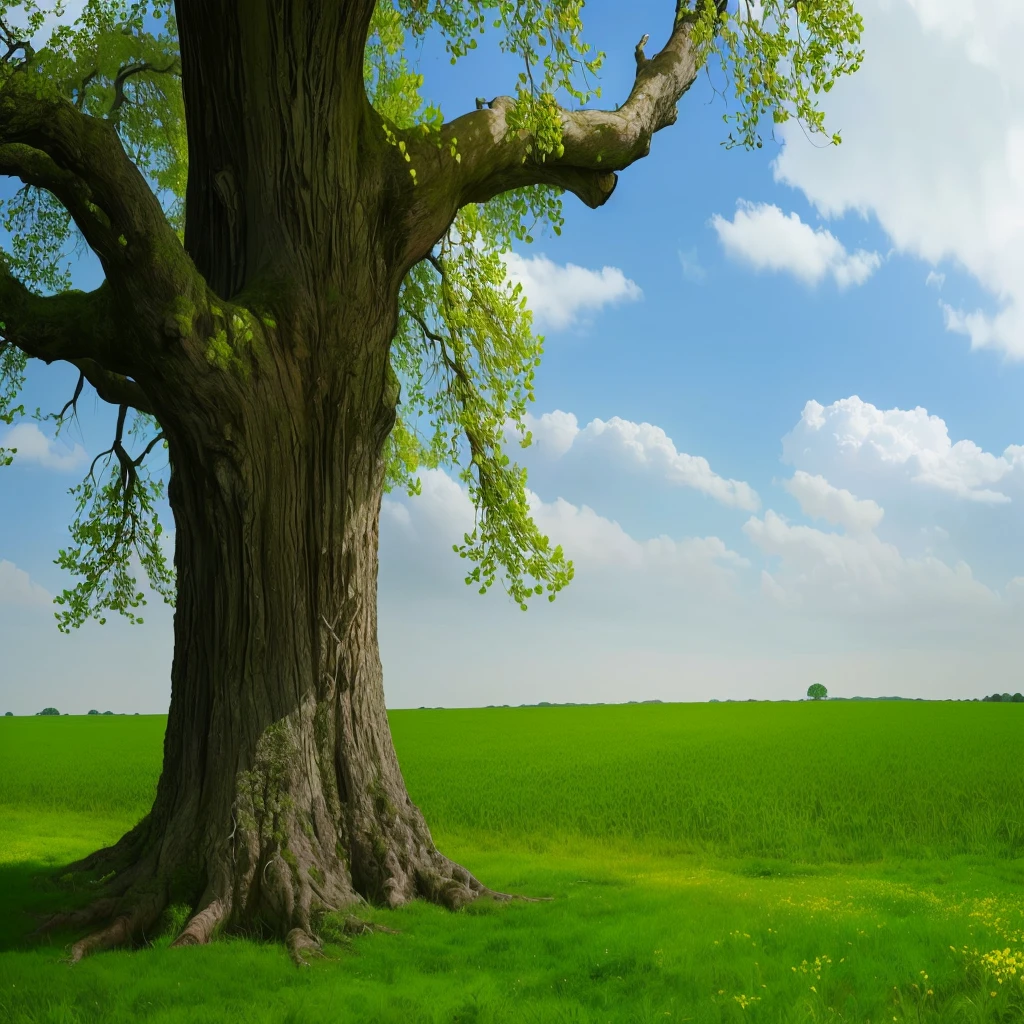 there is a large tree in the middle of a field, the tree is growing on a meadow, large tree, in a large grassy green field, oak tree, big green tree, old tree, the oak tree, nature background, majestic landscape, big tree, tall root tree background, tree in the background, one giant oak, in a scenic background, nature landscape, 4k