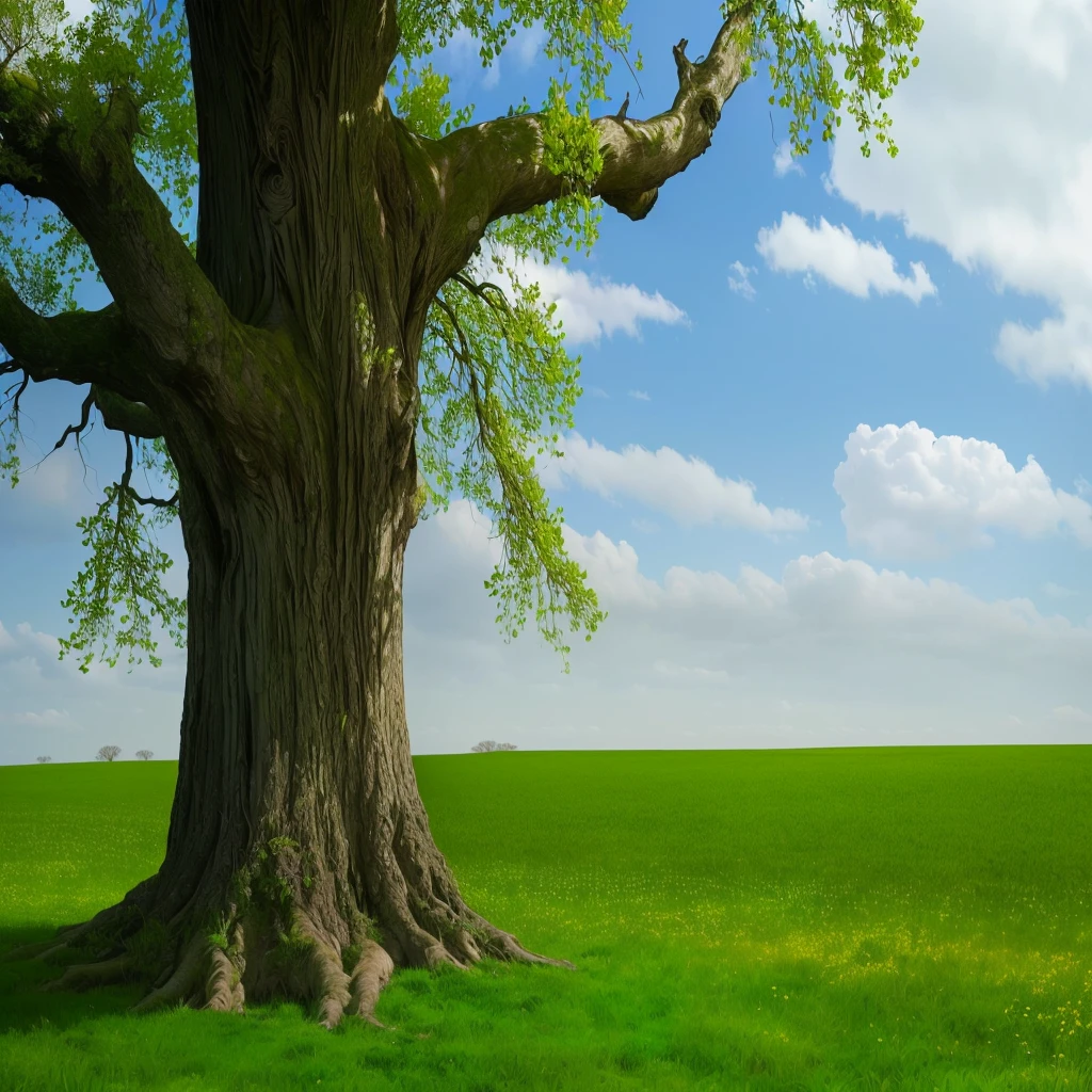 there is a large tree in the middle of a field, the tree is growing on a meadow, large tree, in a large grassy green field, oak tree, big green tree, old tree, the oak tree, nature background, majestic landscape, big tree, tall root tree background, tree in the background, one giant oak, in a scenic background, nature landscape, 4k
