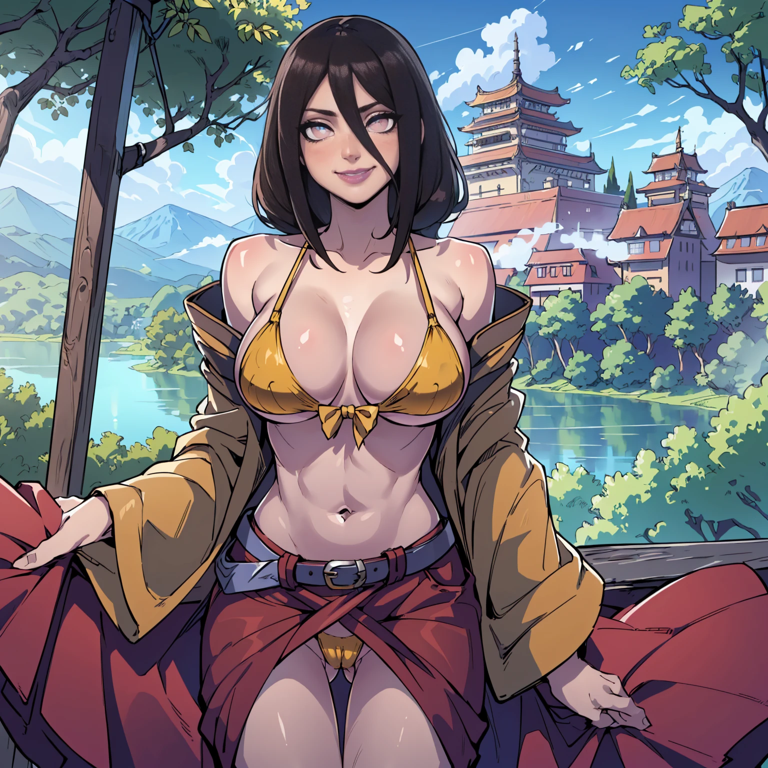 (((solo,1woman, mature, alone))), hyuuga hanabi, ((brown hair, hair between eyes, long hair, glowing purple eyes, wide eyes, lipstick, makeup, narrow waist, skinny, medium breasts)), pelvic curtain, ((yellow bikini)), full body, perfect body, (insanely detailed, beautiful detailed face, masterpiece, best quality), (extremely detailed 8k paper CG wall unit: 1.1), (konohavillage, konoha gate walls, river, lake, tree, mountain, flower, at dawn, zebra cross, cloudy sky, cloud, fog, dusk), (smile face for the viewer), cameltoe view, cameltoe, View from above, Diagonal view
