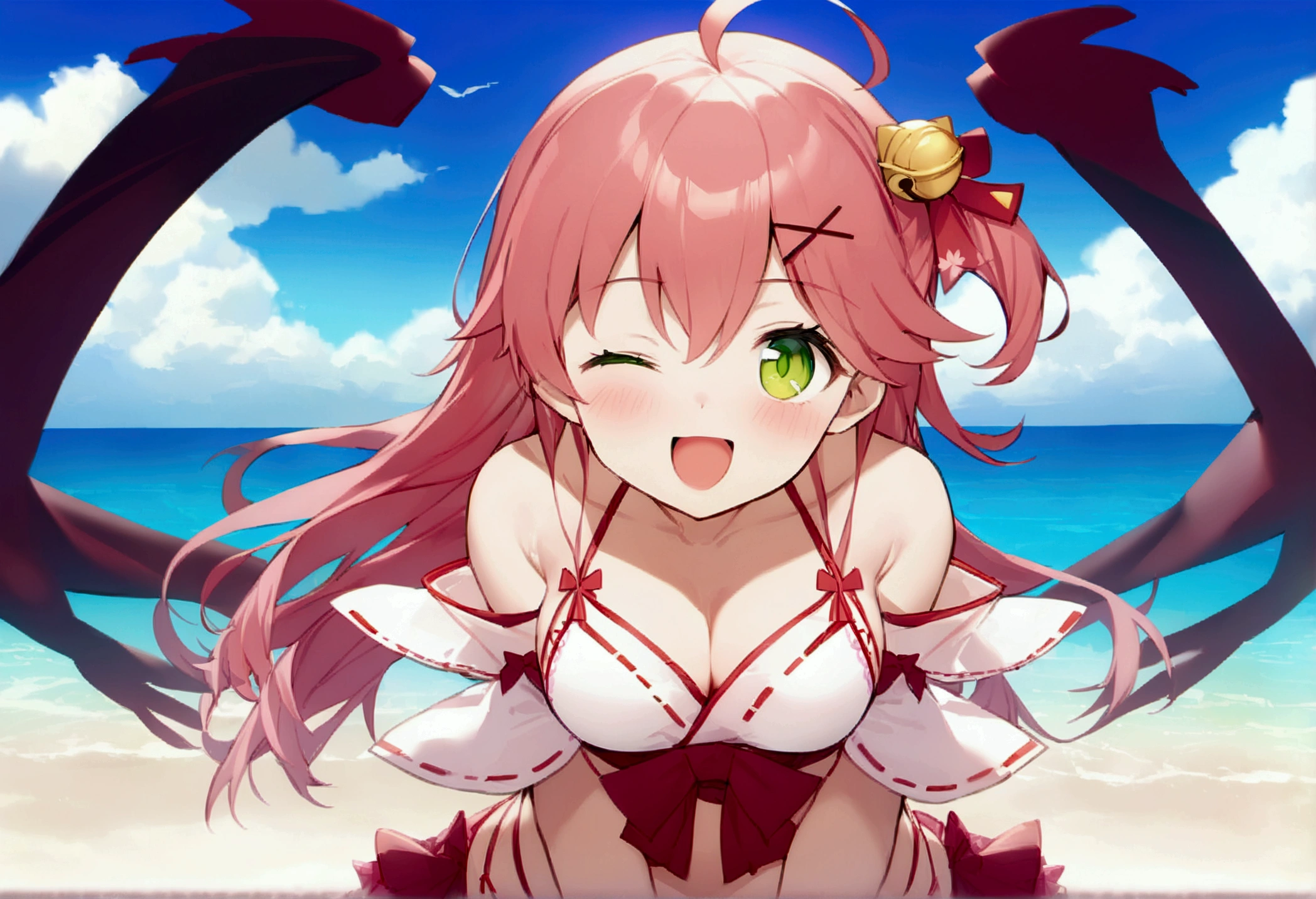 8K, 1girl, petit, teen, kawaii vampire, red hair, red eyes, bat wings, smile, (blush), (shy), fang, looking at viewer, dynamic angle, wind, game cg, fantastic scenery, demon tail, black horns, beach, swimsuit, sexy, heart tail, watermelon