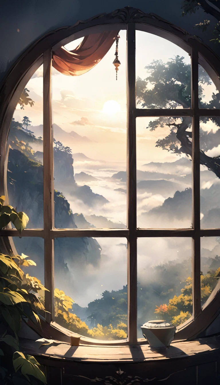 A paradise view from a very foggy window ,Beautiful composition,god々Beautiful scenery