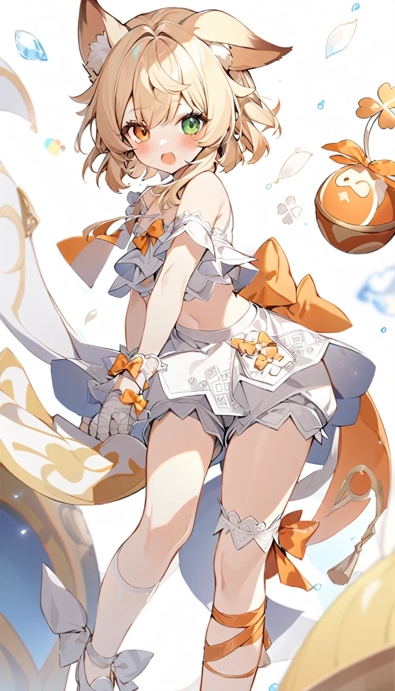 The fox girl,1girl,short hair, The hairstyle is like Klee's,animal ears, bangs, bare shoulders, blonde hair, blush, bow, breasts, white cleavage, cropped torso, , green eyes, hair ribbon, heterochromia, , looking at viewer, open mouth, orange bow, orange eyes, orange ribbon,  ribbon, solo, stuffed animal, , , twintails, upper body, full-length, white legbands, white shoes with lace and white bows, white background, wrist cuffs, yellow eyes, bloomers, close-up, fair skin frills, lace, midriff, skirt, solo, , white background,shorts, white top with ribbon and lace and trousers,trousers, genshin,white slippers with a bow,All clothes are white, laceAt full height, it stands,bandaged hands, short hair , ankle lace-up, ankle ribbon, bow, leg ribbon, lineart, , shoes, , standing, , white bow, white footwear,