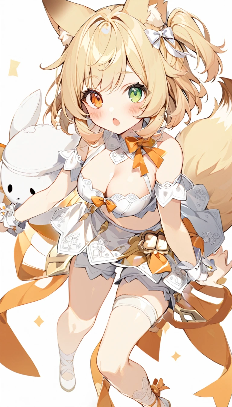 The fox girl,1girl,short hair, The hairstyle is like Klee's,animal ears, bangs, bare shoulders, blonde hair, blush, bow, breasts, white cleavage, cropped torso, , green eyes, hair ribbon, heterochromia, , looking at viewer, open mouth, orange bow, orange eyes, orange ribbon,  ribbon, solo, stuffed animal, , , twintails, upper body, full-length, white legbands, white shoes with lace and white bows, white background, wrist cuffs, yellow eyes, bloomers, close-up, fair skin frills, lace, midriff, skirt, solo, , white background,shorts, white top with ribbon and lace and trousers,trousers, genshin,white slippers with a bow,All clothes are white, laceAt full height, it stands,bandaged hands, short hair , ankle lace-up, ankle ribbon, bow, leg ribbon, lineart, , shoes, , standing, , white bow, white footwear,