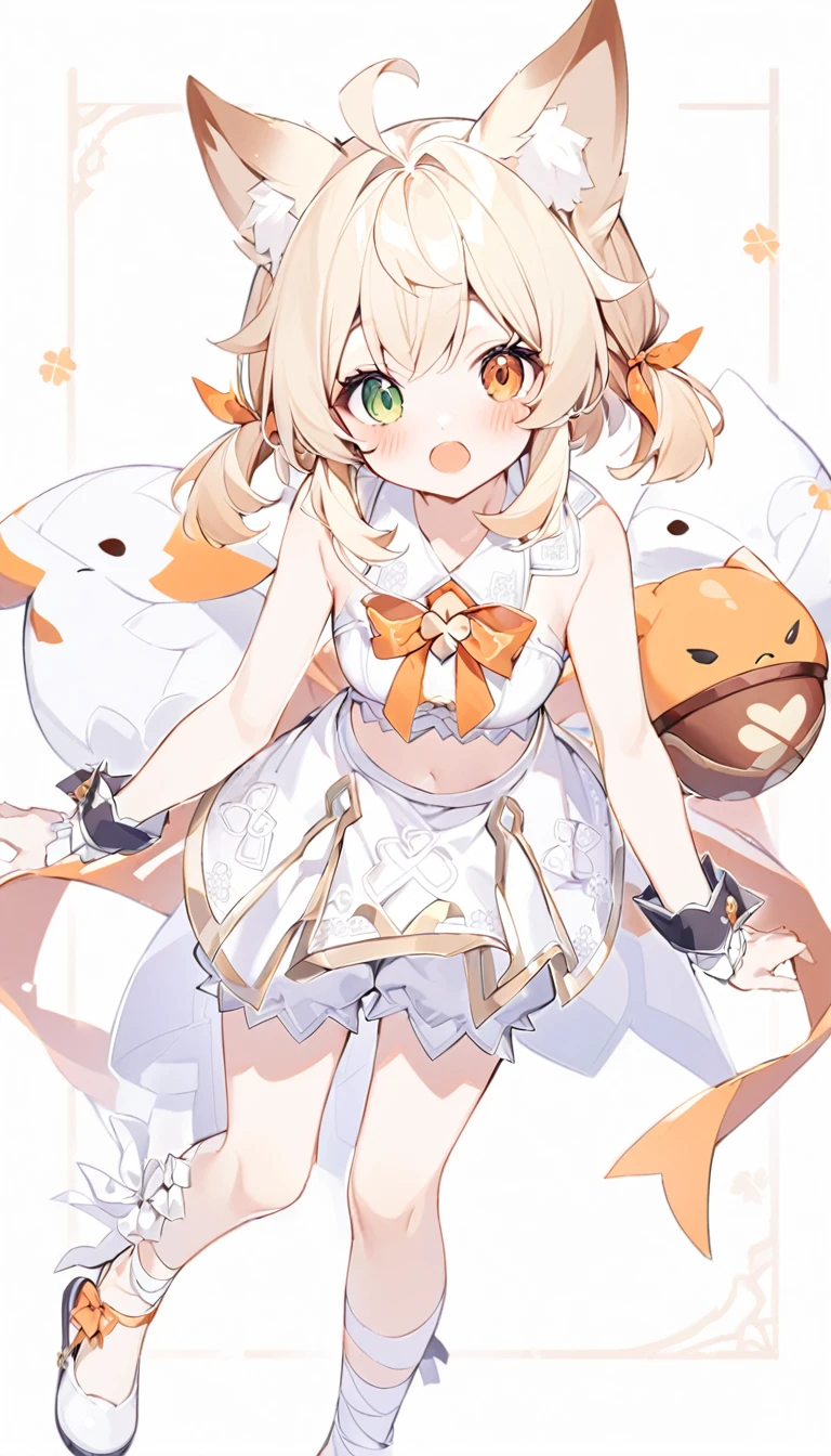 The fox girl,1girl,short hair, The hairstyle is like Klee's,animal ears, bangs, bare shoulders, blonde hair, blush, bow, breasts, white cleavage, cropped torso, , green eyes, hair ribbon, heterochromia, , looking at viewer, open mouth, orange bow, orange eyes, orange ribbon,  ribbon, solo, stuffed animal, , , twintails, upper body, full-length, white legbands, white shoes with lace and white bows, white background, wrist cuffs, yellow eyes, bloomers, close-up, fair skin frills, lace, midriff, skirt, solo, , white background,shorts, white top with ribbon and lace and trousers,trousers, genshin,white slippers with a bow,All clothes are white, laceAt full height, it stands,bandaged hands, short hair , ankle lace-up, ankle ribbon, bow, leg ribbon, lineart, , shoes, , standing, , white bow, white footwear,