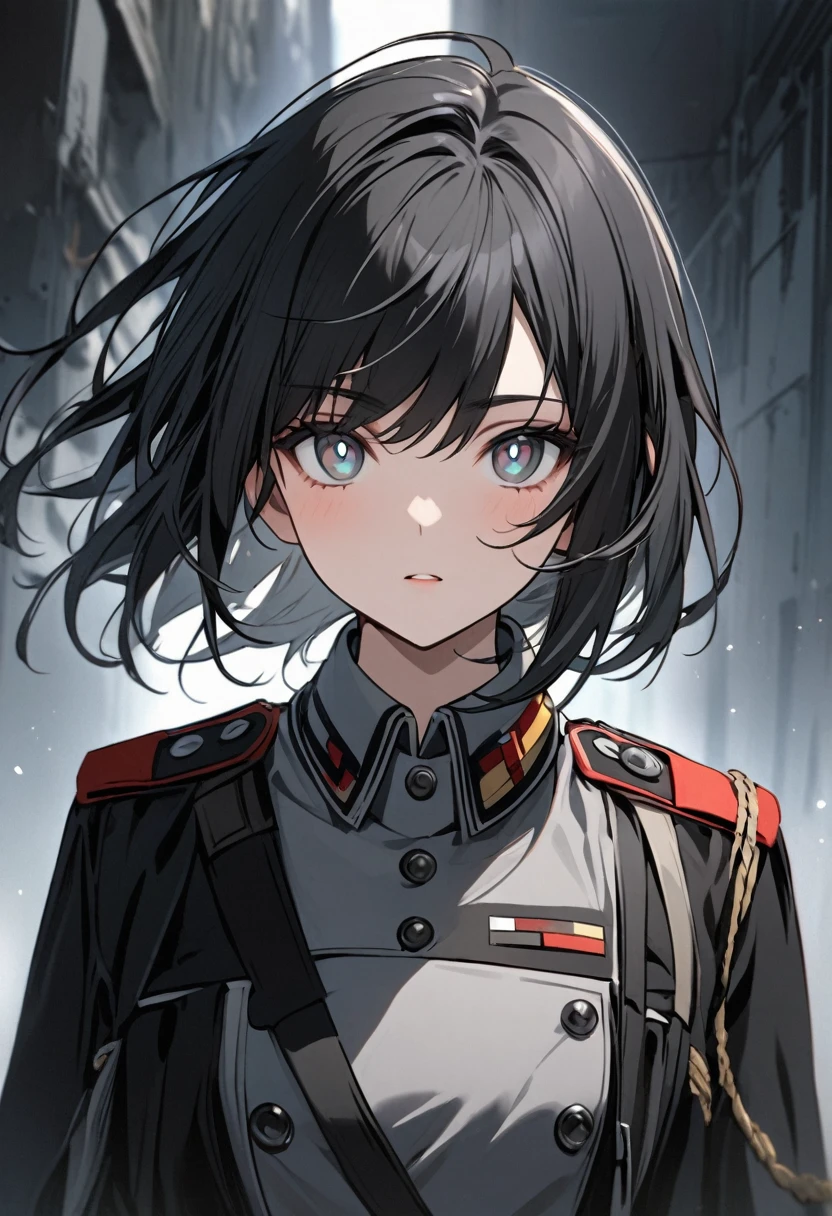 A young woman with black hair tipped with gray. His eyes are white with gray pupils and he has a modernized German military uniform.